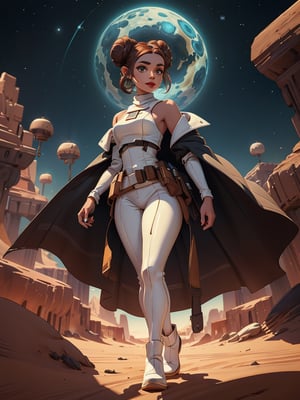 Princess Leia, walking confidently in the desert city of Mos Espa, Tatooine. She's dressed to impress in an off-the-shoulder white shirt, white leather pants, and a white suit vest, with a brown holster on her right side and dark brown boots. Her red hair is tied back in a bun, framing her beautiful face with perfect features and piercing hazel eyes. A subtle smirking smile plays on her lips, adorned with bright red lipstick and delicate eyeliner.

In the background, the ultra-detailed desert scenery stretches out into the night, with dramatic rim lighting casting long shadows across the sand. The high-contrast lighting accentuates the textures of the terrain, creating a sense of depth and dimensionality. In the distance, the starry night sky twinkles like diamonds against the dark blue canvas.

In her right hand, she expertly holds a hand gun, adding to the overall sense of danger and allure. The atmosphere is charged with tension, as if she's always ready to smuggle something valuable under the cover of darkness.