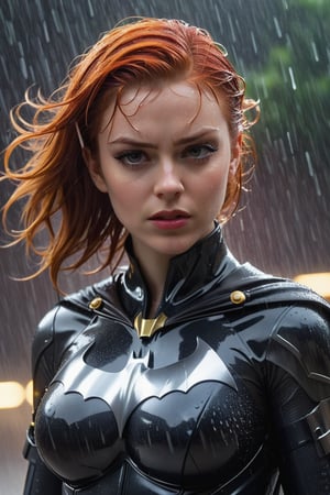 (masterpirce), attractive red head face during heavy rain, a woman in a suit posing for a picture, ( ( bat girl ) ), bat girl without mask, fierce look, angry face, frowning, yellow leotard suit, shoulder pads, red hair, bat girl drenched in the rain, hair drenched in rain, heavy rain, wet clothes, soaked hair, soaked hair, dripping hair, raindrops, clinging clothes, water dripping, black chrome chest plate, abdomen armor, covered abdomen, metal shoulder pads, highly detailed exquisite fanart, alena aenami and artgerm, by Jason Chan, futuristic style batgirl, beautiful digital artwork, batgirl!!!!!, bat girl, no mask, without a mask, Extremely Realistic