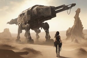 Solo, 1 girl, standing, outdoors, from behind, scenery, machine gun, ruins, skull cave, whirlwind, whirlwind, dust, flying vines, dried up waterway, sand dunes