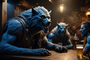 wide shot, best quality, masterpiece, photorealistic, natural skin texture, realistic eye and face details, beautiful shadow, hyperrealism, A lunar pub, where  werewolf patrons howl at the moon while sipping on frothy glasses of blue drink and feasting on juicy, highly detailed, hyper realistic fantasy monster, cyborg style,Leonardo Style,HellAI