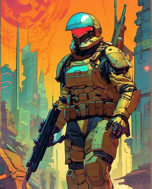In a dystopian cyberpunk future, a mesmerizing propaganda poster beckons viewers to enlist in the military. Combining the gritty art style of Frank Frazetta with the futuristic flair of Moebius, the image features a cybernetically enhanced soldier, clad in sleek, reflective armor and wielding cutting-edge weapons. The intricate detailing, vivid colors, and dynamic composition elevate this digital painting to a level of unparalleled artistry, capturing the essence of a war-torn, technologically advanced world with stunning precision., cyberpunk art, auto-destructive art, soldiers and mech fight, berserk art style, image comics, metal gear movie still