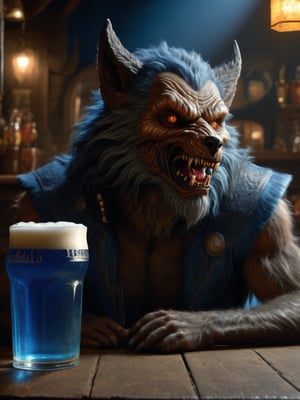 wide shot, best quality, masterpiece, photorealistic, natural skin texture, realistic eye and face details, beautiful shadow, hyperrealism, A lunar pub, where werewolf patrons howl at the moon while sipping on frothy glasses of blue beer and feasting on juicy, highly detailed, hyper realistic fantasy monster, cyborg style,Leonardo Style,HellAI