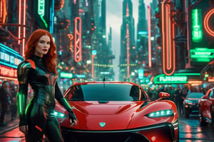 A young woman with red hair, standing next to a vibrant black sports car. She is wearing a futuristic, dark outfit with white accents and a green emblem on her left arm. The backdrop is a bustling urban setting with neon signs, various vehicles, and a dense crowd of people. The atmosphere seems to be that of a cyberpunk city, with a mix of traditional and futuristic elements.