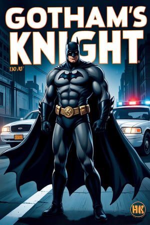 Magazine cover art titled as "GOTHAM's KNIGHT", dedicated for the Batman, standing, action pose, police car in background, hyper detailed, ((best image)), ((best quality)), ((masterpiece:1.2)), 8K UHD