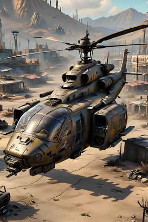 "Enhance your concept art of the VTOL-capable helicopter with stealth technology for Fallout 5 by incorporating intricate designs for gattling machine gun, missiles, and bombs. Integrate these weapons seamlessly into the aircraft's structure while maintaining the retro-futuristic aesthetic of the Fallout universe. Consider the visual impact of each weapon, ensuring they evoke a sense of power and destruction while still adhering to the game's distinctive visual style. Pay attention to details such as ammunition belts, missile launchers, and bomb bays, creating a cohesive and immersive design that fits seamlessly into the Fallout world." (((the helicopter is flying over Los Angeles post apocaliptic)))