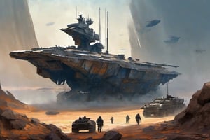 Composition: A futuristic warzone landscape unfolds an industrial military ship emerges from a dusty, ravaged horizon. Weathered textures and rusty hues dominate the foreground, depicting the aged structure's battle-worn features. The sky above is a deep shade of indigo, gradually lightening to a faint blue towards the upper left corner, where a burst of orange and yellow illuminates the atmosphere. A military unit, dressed in muted earth tones, moves cautiously into the frame, led by a helmeted figure holding a rifle at the ready. The landscape's worn terrain, complete with rocky outcroppings and ravaged foliage, stretches towards the vanishing point, drawing the viewer's eye into the gritty, adventurous scene.