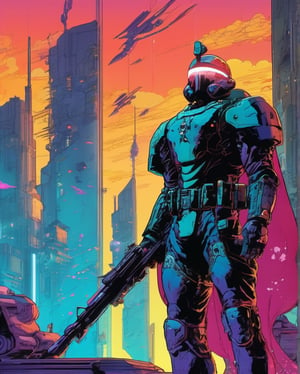 In a dystopian cyberpunk future, a mesmerizing propaganda poster beckons viewers to enlist in the military. Combining the gritty art style of Frank Frazetta with the futuristic flair of Moebius, the image features a cybernetically enhanced soldier, clad in sleek, reflective armor and wielding cutting-edge weapons. The intricate detailing, vivid colors, and dynamic composition elevate this digital painting to a level of unparalleled artistry, capturing the essence of a war-torn, technologically advanced world with stunning precision., cyberpunk art, auto-destructive art, soldiers and mech fight, berserk art style, image comics, metal gear movie still