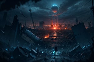 A haunting masterpiece captures the devastating aftermath of Japan's nuclear wastewater treatment plant explosion, with ultra-detailed destruction and chaos. In the foreground, a solemn figure stands amidst the ruins, surrounded by debris and pollution. The once-pristine cityscape now lies in shambles, with toxic waste spills and smoldering fires engulfing the area. Dark clouds loom overhead, reflecting the apocalyptic mood as the world teeters on the brink of ecological collapse.