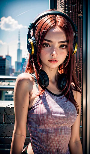 A beautiful italian girl, with red hair,headphones catstyle, a beautiful face. against the background of Detroid City, cowboy_shot