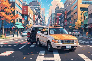 A serene autumn afternoon scene: a brilliant blue sky with puffy white clouds stretches above the urban landscape. A cityscape unfolds below, with towering skyscrapers and bustling streets. A sleek car navigates the road, flanked by a building with a neon sign and a lamppost casting a warm glow. Autumn leaves carpet the ground, while a tree stands tall in the distance. In the foreground, a motor vehicle sits idle at a crosswalk, awaiting its turn to merge into the flow of city traffic.