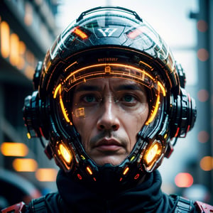 Portrait of a 50 years old man, solo, realistic, science fiction, helmet, cable, cyberpunk, lips, cowboy_shot , blurry, robot, depth of field, blurry background, green eyes, screen, glowing, facing viewer, facial_expressions,Germany Male