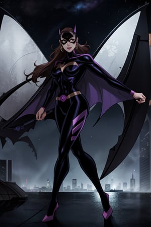 ((masterpiece,best quality)), absurdres, Huntress_JLU, upper body, detailed mask, smug, night sky and city lights in background, cinematic composition, action pose, Huntress_JLU, 2d, Full Body,  dc animation style