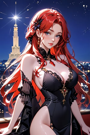 Quality Masterpiece, Top Quality, Aesthetic, //Character 1 Girl, A beautiful girl, with red hair, a beautiful face. wearing a black sweter against the background of Ghotan City by night