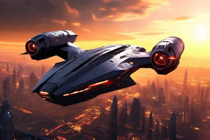 High detailed, realistic photo of starship, flying over a futuristic city, front view, sunset, 8k, stunning image, realistic textures, cinematic scene, ((masterpiece: 2)), light particles, 
ek_ph0t0_b00ster,ek_real_b00ster,ek_art_b00ster,ek_raz0r_cre5t,ek_rcr3ar