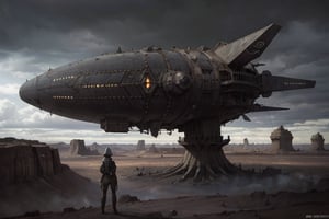 alien desert surface, landscape, geometrical ruins, strange ancient sculptures, stormy sky, black clouds, a steampunk female explorer/pilot has landed her small airship on a alien desert planet. she is surveying the landscape and structures. detailed background of a vast desert with slow moving storm and black clouds forming