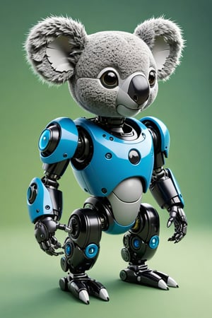 illustration, ultra-detailed, (cute koala robot), a koala robot in bright, black and blue, in full size. Every detail of the robot's design, from its rounded edges to its expressive eyes, is meticulously rendered with ultra-realistic precision. looking side ways, green background