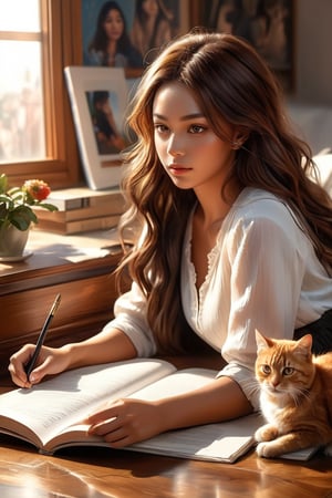 ((masterpiece)), ((best quality)), (((photo Realistic))), (8k, RAW photo, best quality, masterpiece:1.2), (realistic, photo-realistic:1.3). best quality, masterpiece, photography of a brown skin woman, brown eyes, messy long brown hair and cat, beautiful detailed face, shes reading while cat plays, living room, soft light, hyperrealistic, intricate, highly detailed