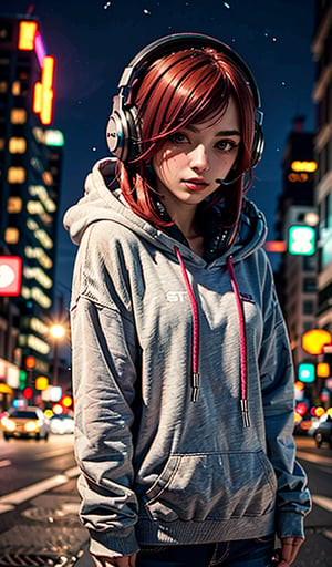 A beautiful italian girl, with red hair,headphones catstyle, a beautiful face. sweather with hood, against the background of Detroid City, night shot, cowboy_shot