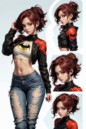 (best quality), (UHQ, 8k, high resolution), Generate a high-resolution pixel art masterpiece featuring a solo anime girl with a tomboy aesthetic. The character has short, Red hair, a distinctive red eye, and strikes a mature, kawaii pose. She is dressed in a batgirl stylish ensemble, donning a cropped leather jacket, ripped black jeans, and ankle boots, with a hint of midriff showing. The atmosphere should evoke a sense of victory, and the character should be portrayed falling in love with the viewer. Ensure a dynamic angle and incorporate the style elements inspired by 'simple --niji' and 'kpop girl.' The pixel art should be of ultra resolution with a dynamic aspect ratio. Additionally, emphasize the character's forehead, large hips, and endearing expression.