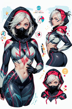 More Detail, Detailedeyes, Detailedface, (1 girl, young female, white hair, short hair, blue eyes, curvy, 
 small breasts, nice ass, thick thighs, wide hips, abs), (spider-gwen suit, face mask, hoodie, hairband), BREAK (Infographic drawing, The concept character sheet, Multiple sexy poses), 