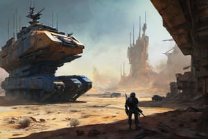 Composition: A futuristic warzone landscape unfolds an industrial military ship emerges from a dusty, ravaged horizon. Weathered textures and rusty hues dominate the foreground, depicting the aged structure's battle-worn features. The sky above is a deep shade of indigo, gradually lightening to a faint blue towards the upper left corner, where a burst of orange and yellow illuminates the atmosphere. A military unit, dressed in muted earth tones, moves cautiously into the frame, led by a helmeted figure holding a rifle at the ready. The landscape's worn terrain, complete with rocky outcroppings and ravaged foliage, stretches towards the vanishing point, drawing the viewer's eye into the gritty, adventurous scene.