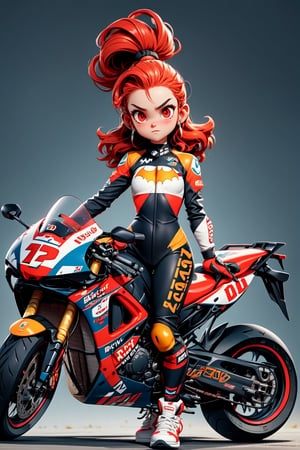 (best quality), (UHQ, 8k, high resolution), Generate a pixel art masterpiece featuring a solo anime girl with a sporty, moto-inspired aesthetic. The character boasts vibrant, electric red hair, and her red eyes gleam with intensity. Dressed in a cutting-edge MotoGP racing suit with batman logos, she strikes a dynamic and confident pose. The atmosphere should convey a thrilling sense of speed and victory, with the character radiating charm and charisma, subtly expressing a connection with the viewer. Ensure the pixel art is of ultra resolution, adopting a dynamic aspect ratio, and capturing the essence of 'simple --niji' and 'kpop girl' styles. Emphasize the character's forehead, sleek physique, and infuse the scene with an energetic and endearing expression. sports_bike
