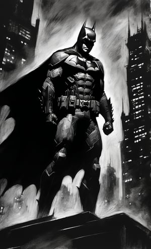 score_9, score_8_up, score_7_up, score_6_up, CharcoalDarkStyle, Batman with combat weathered armors suit, top of a building, source_anime, Gotham City, facing fears, splashes of dark black to faint light grey, Tim Sale, Urban Comics, lost, solo,  Poorly_lit, Dark, Shadows, sadness, confusion, depravade, crawling, begging the skies for help, dark, sketch, drawn with charcoal, monochrome, black and white, (Masterpiece:1.3) (best quality:1.2) (high quality:1.1) 