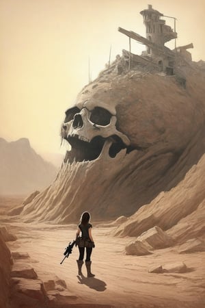 
Solo, 1 girl, standing, outdoors, from behind, scenery, machine gun, ruins, skull cave, whirlwind, whirlwind, dust, flying vines, dried up waterway, broken down car,