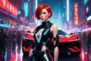 A young woman with short red hair, 21yo, standing next to a vibrant black sports car. She is wearing a futuristic, dark outfit with white accents and a red emblem on her left arm. The backdrop is a bustling urban setting with neon signs, various vehicles, and a dense crowd of people. The atmosphere seems to be that of a cyberpunk city, with a mix of traditional and futuristic elements.