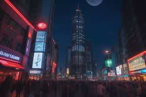 A futuristic cityscape at night with towering skyscrapers adorned with neon lights, bustling streets with flying cars and holographic advertisements, dark sky illuminated by a full moon and stars, a lively and vibrant atmosphere full of energy and excitement, Photography, captured with a high-resolution camera with a wide-angle lens