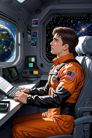 inside space shuttle, 1boy, short dark hair, looking up, muscular fit body, pilot suit, hands on computers, sitting by the window, sad expression, space station outside,  side view, 