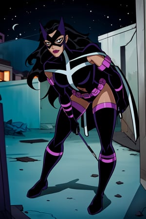 ((masterpiece,best quality)), absurdres, Huntress_JLU, upper body, detailed mask, smug, night sky and city lights in background, cinematic composition, action pose, Huntress_JLU, 2d, Full Body,  dc animation style