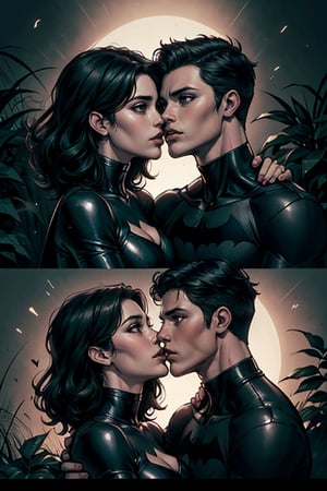 a passionate kiss, Bruce wayne e Celine,
1boy slim figure entwined with 1girl, beautiful girl,(((cute face, perfect eyes))), dark hair, perfect physique under the darkness of a black night. He is kissing her
In a garden, hes wearing batman suit, she is wearing a black leather catwoman outfit, brunete, casting an eerie glow on their passionate kiss. The air is heavy with drama as they cling to each other, lost in the moment.