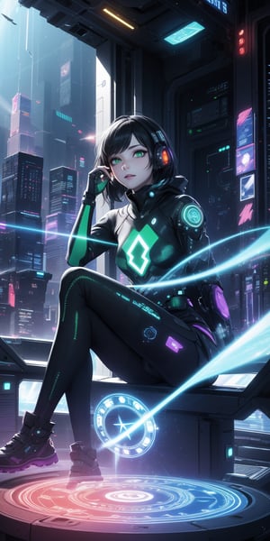 (masterpiece), 1girl, holographic interface, cyberpunk, hacker, medium black hair, green eyes, magic circle, hologram, terminal, holographic computer, light particles, light rays, futuristic setting, Sitting on the edge of a building, 
Her expression a mix of defiance and exhilaration. ,HologramCzar