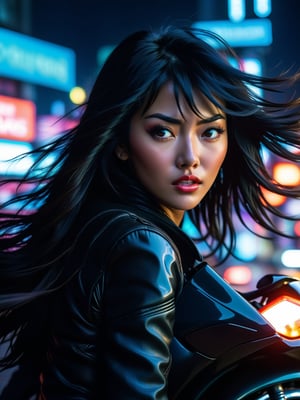 A gritty close-up shot frames determined woman's face, her jaw clenched as she grips Akira's iconic motorcycle, black hair flowing smoothly in wind. Desperate man's grasp wraps around legs, anguished cry echoing through dark cityscape. Neon lights and billboards blur in background like 90's anime dreamscape. Camera zooms out to reveal speeding motorcycle, headlights piercing darkness as woman speeds away from chaos. Dynamic composition mirrors city's jagged lines, kaleidoscope of colors and textures.,Pneumablade