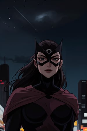 ((masterpiece,best quality)), absurdres, Huntress_JLU, upper body, detailed mask, smug, night sky and city lights in background, cinematic composition, Huntress_JLU, 2d, dc animation style