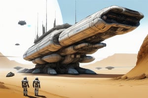 wide angle, worms-eye view, a massive sci-fi generation ship, realistic, high resolution, spaceships taking off and landing, robots, soldiers, full spectrum color, highly detailed pen drawings,
in the style of "Dune (2000)", Jae Cheol Park