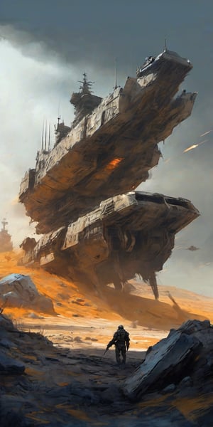 Composition: A futuristic warzone landscape unfolds an industrial military ship emerges from a dusty, ravaged horizon. Weathered textures and rusty hues dominate the foreground, depicting the aged structure's battle-worn features. The sky above is a deep shade of indigo, gradually lightening to a faint blue towards the upper left corner, where a burst of orange and yellow illuminates the atmosphere. A military unit, dressed in muted earth tones, moves cautiously into the frame, led by a helmeted figure holding a rifle at the ready. The landscape's worn terrain, complete with rocky outcroppings and ravaged foliage, stretches towards the vanishing point, drawing the viewer's eye into the gritty, adventurous scene.