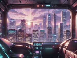 City, metropolis, with skyscrapers, against the backdrop of a pink sunset, pink and peach sky, the glare of the sun on the buildings, sun rays between buildings, without people, Futuristic future, adstech