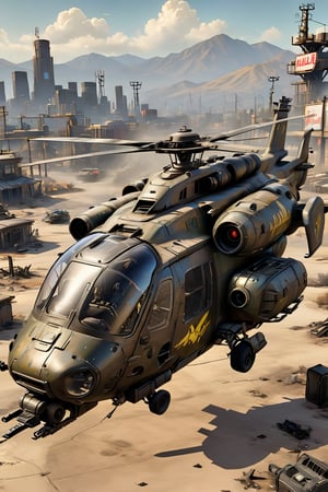 "Enhance your concept art of the VTOL-capable helicopter with stealth technology for Fallout 5 by incorporating intricate designs for gattling machine gun, missiles, and bombs. Integrate these weapons seamlessly into the aircraft's structure while maintaining the retro-futuristic aesthetic of the Fallout universe. Consider the visual impact of each weapon, ensuring they evoke a sense of power and destruction while still adhering to the game's distinctive visual style. Pay attention to details such as ammunition belts, missile launchers, and bomb bays, creating a cohesive and immersive design that fits seamlessly into the Fallout world." (((the helicopter is flying over Los Angeles post apocaliptic)))