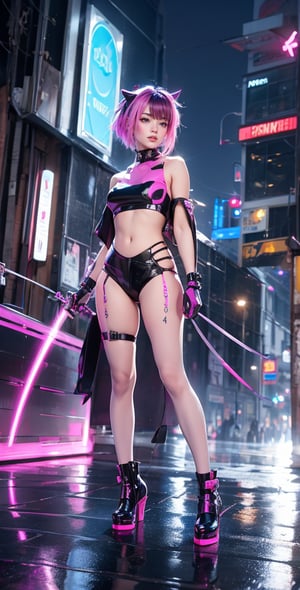 A fierce anime girl with short, spiky purple hair and neon pink highlights, wearing a sleek crop top, futuristic outfit with glowing blue accents. She has cybernetic implants and wields dual energy blades. The cityscape behind her is a bustling, neon-lit metropolis with towering skyscrapers and flying vehicles. Rain falls softly, creating reflective puddles on the ground. Highly detailed, vibrant colors, futuristic elements, dynamic pose, cyberpunk aesthetic.
