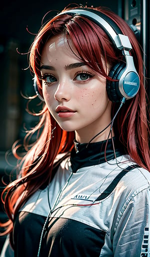 A beautiful italian girl, with red hair,headphones, a beautiful face. against the background of Detroid City