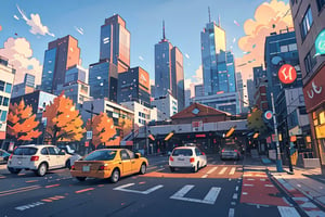 A serene autumn afternoon scene: a brilliant blue sky with puffy white clouds stretches above the urban landscape. A cityscape unfolds below, with towering skyscrapers and bustling streets. A sleek car navigates the road, flanked by a building with a neon sign and a lamppost casting a warm glow. Autumn leaves carpet the ground, while a tree stands tall in the distance. In the foreground, a motor vehicle sits idle at a crosswalk, awaiting its turn to merge into the flow of city traffic.