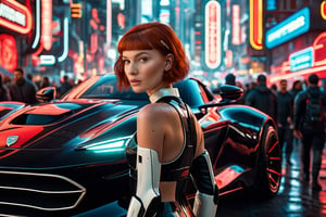 A young woman with short red hair, 21yo, standing next to a vibrant black sports car. She is wearing a futuristic, dark outfit with white accents and a red emblem on her left arm. The backdrop is a bustling urban setting with neon signs, various vehicles, and a dense crowd of people. The atmosphere seems to be that of a cyberpunk city, with a mix of traditional and futuristic elements.