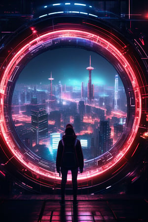 (photo), a cyberpunk world is connected to a cybercity via a portal, absurdres