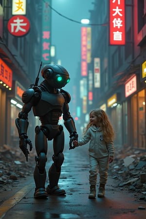 Photo. A rundown cyberpunk city street at night with broken neon signs and rubble. A little girl is walking. She has long blonde wavy hair and she is wearing a white spacesuit. She is holding hands with her guardian who is a dark metal robot which is slightly worn. She is smiling at her guardian. The robot is armed with futuristic weapons so it can keep the little girl safe. It looks like the robot is smiling back at the girl with its glowing visor.