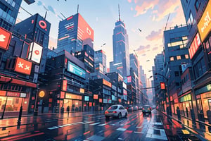 A serene autumn evening scene: a dark blue sky with puffy white clouds stretches above the urban landscape. A cityscape unfolds below, with towering skyscrapers and bustling streets. A sleek car navigates the road, flanked by a building with a neon sign and a lamppost casting a warm glow. Autumn leaves carpet the ground, while a tree stands tall in the distance. In the foreground, a motor vehicle sits idle at a crosswalk, awaiting its turn to merge into the flow of city traffic. evening lights on