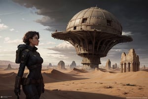 alien desert surface, landscape, geometrical ruins, strange ancient sculptures, stormy sky, black clouds, a steampunk female explorer/pilot has landed her small airship on a alien desert planet. she is surveying the landscape and structures. detailed background of a vast desert with slow moving storm and black clouds forming