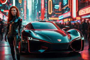 A young woman with red hair, standing next to a vibrant black sports car. She is wearing a futuristic, dark outfit with white accents and a red emblem on her left arm. The backdrop is a bustling urban setting with neon signs, various vehicles, and a dense crowd of people. The atmosphere seems to be that of a cyberpunk city, with a mix of traditional and futuristic elements.