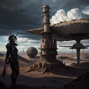 alien desert surface, landscape, geometrical ruins, strange ancient sculptures, stormy sky, black clouds, a steampunk female explorer/pilot has landed her small airship on a alien desert planet. she is surveying the landscape and structures. detailed background of a vast desert with slow moving storm and black clouds forming